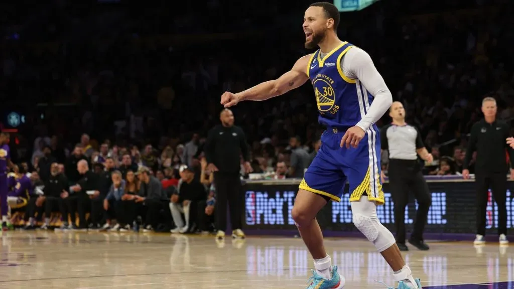 Stephen Curry #30 of the Golden State Warriors reacts after being called for a in game six of the Western Conference Semifinal Playoffs at Crypto.com Arena on May 12, 2023 in Los Angeles, California. (Photo by Harry How/Getty Images)