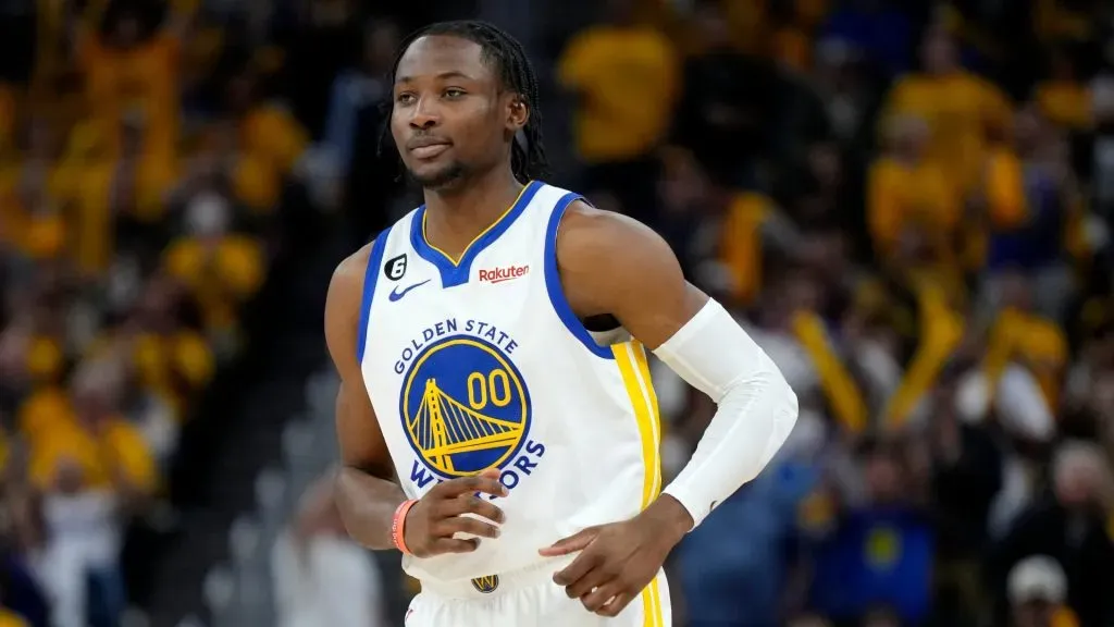 Jonathan Kuminga #00 of the Golden State Warriors looks on during the fourth quarter against the Los Angeles Lakers in game five of the Western Conference Semifinal Playoffs at Chase Center on May 10, 2023 in San Francisco, California. (Photo by Thearon W. Henderson/Getty Images)