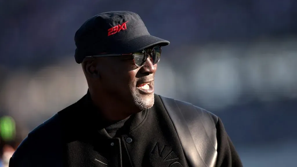 Michael Jordan, NBA Hall of Famer and co-owner of 23XI Racing reacts after Tyler Reddick, driver of the #45 Jordan Brand Toyota, wins the NASCAR Cup Series GEICO 500 at Talladega Superspeedway on April 21, 2024 in Talladega, Alabama. (Photo by James Gilbert/Getty Images)