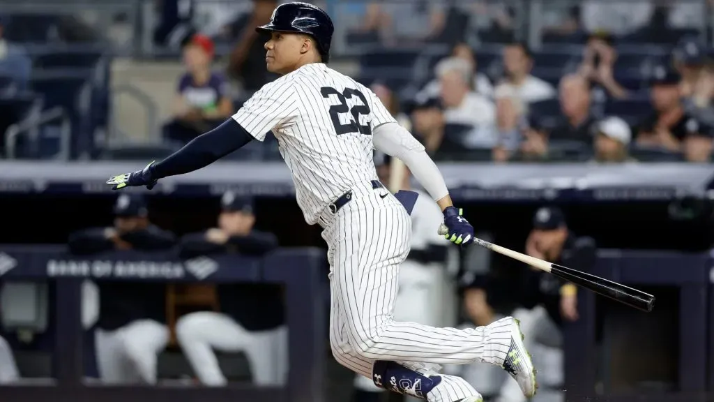 Juan Soto #22 of the New York Yankees follows through on his first inning single against the Kansas City Royals at Yankee Stadium. (Photo by Jim McIsaac/Getty Images)