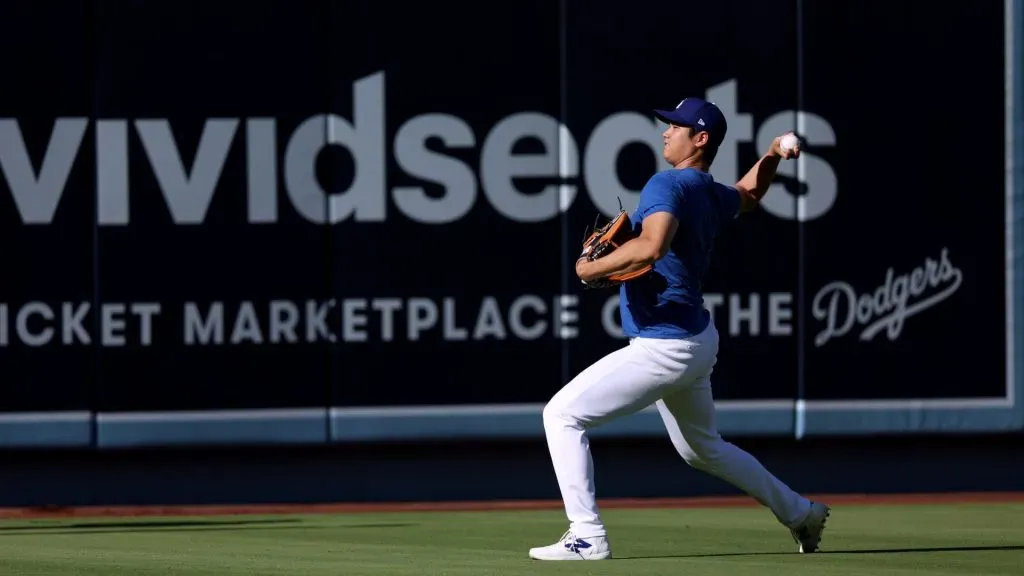 Shohei Ohtani #17 of the Los Angeles Dodgers throws before the game against the Chicago Cubs at Dodger Stadium on September 10, 2024 in Los Angeles, California. (Photo by Harry How/Getty Images)