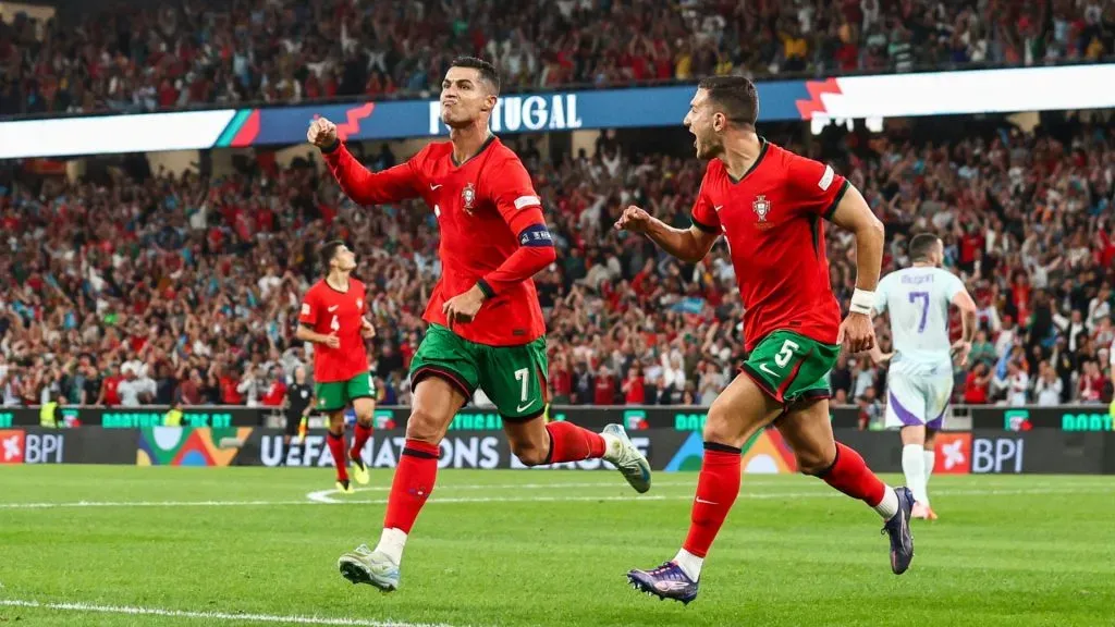 Cristiano Ronaldo of Portugal celebrates after scoring Portugal’s second goal during the UEFA Nations League 2024/25 League A Group A1 match between Portugal and Scotland at Estadio da Luz. (Photo by Carlos Rodrigues/Getty Images)