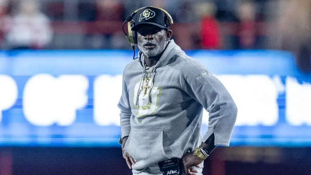 Colorado Buffaloes head coach Deion Sanders stares down a game official during a NCAA, College League, USA Division 1 football game between Colorado Buffalos and the Nebraska Cornhuskers at Memorial Stadium in Lincoln, NE