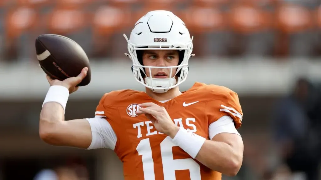 Arch Manning #16 of the Texas Longhorns warms up before the game against the UTSA Roadrunners at Darrell K Royal-Texas Memorial Stadium on September 14, 2024 in Austin, Texas.