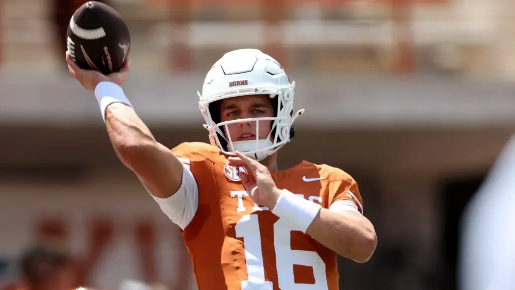 Arch Manning #16 of the Texas Longhorns throws a pass before the game against the Colorado State Rams at Darrell K Royal-Texas Memorial Stadium on August 31, 2024 in Austin, Texas.