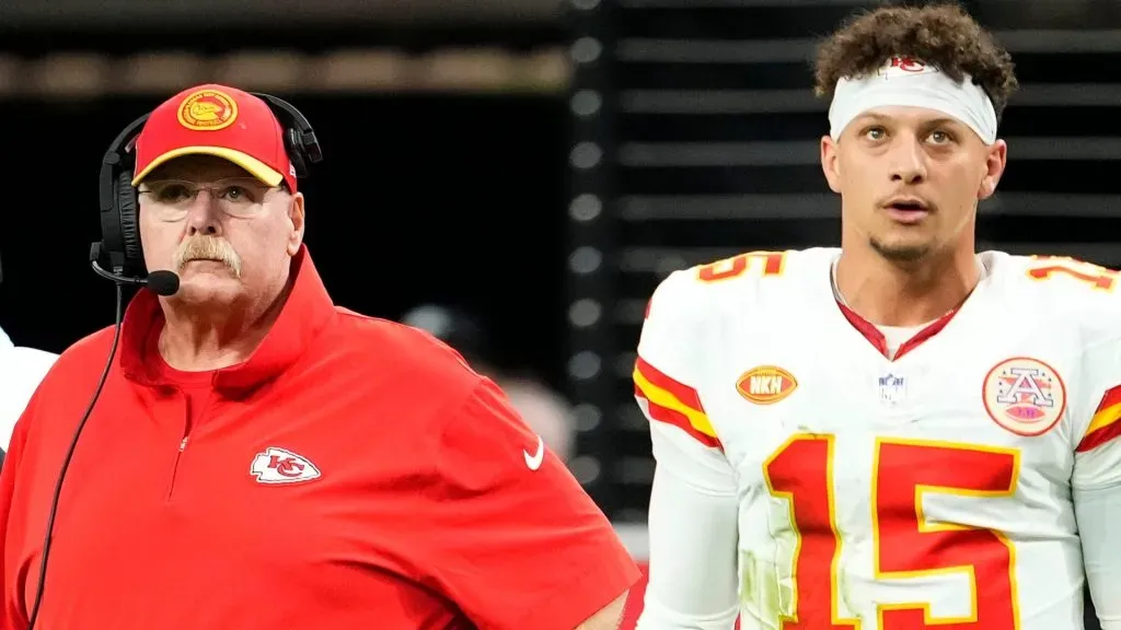 Head coach Andy Reid and Patrick Mahomes #15 of the Kansas City Chiefs look on during the second quarter of a game against the Las Vegas Raiders at Allegiant Stadium on November 26, 2023 in Las Vegas, Nevada.