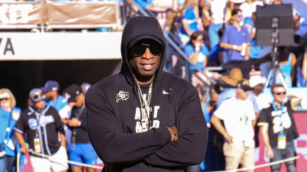 Buffaloes Head Football Coach Deion Sanders aka Coach Prime during pregame warmups prior to the start of the contest as the host UCLA Bruins defeat the visiting University of Colorado Buffaloes 28-16 on Saturday, October 28, 2023 at the Rose Bowl in Pasadena, California.