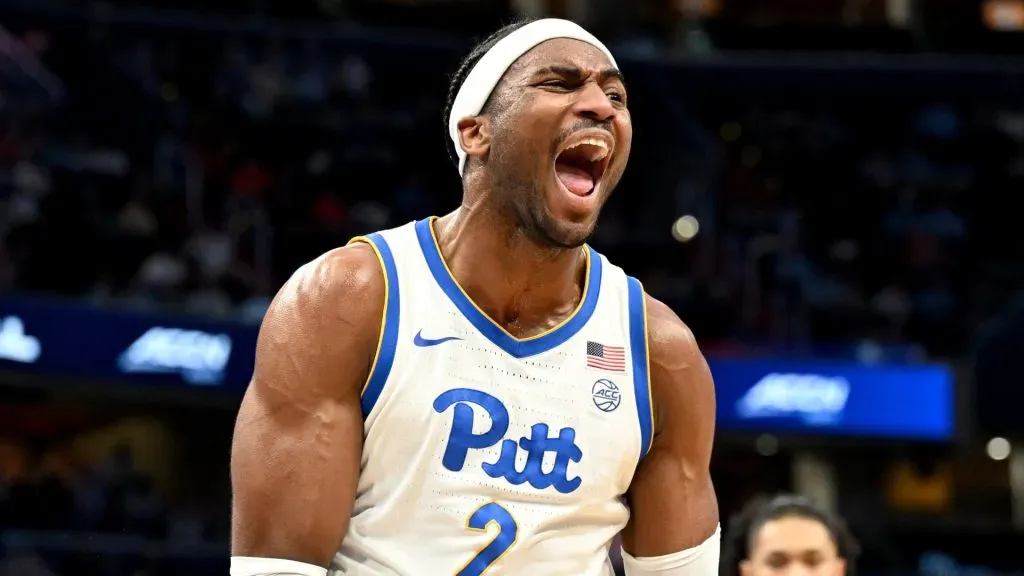 Blake Hinson #2 of the Pittsburgh Panthers celebrates in the first half against the Wake Forest Demon Deacons in the Quarterfinals of the ACC Men&#039;s Basketball Tournament at Capital One Arena on March 14, 2024 in Washington, DC. 