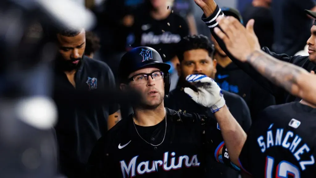 Jonah Bride #41 of the Miami Marlins celebrates a solo home run in the dugout during the eighth inning of their MLB game against the Toronto Blue Jays at Rogers Centre on September 27, 2024 in Toronto, Ontario, Canada. (Photo by Cole Burston/Getty Images)