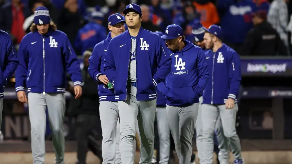 Shohei Ohtani #17 of the Los Angeles Dodgers walks across the field after beating the New York Mets 8-0 in Game Three of the National League Championship Series at Citi Field on October 16, 2024 in New York City. (Photo by Elsa/Getty Images)