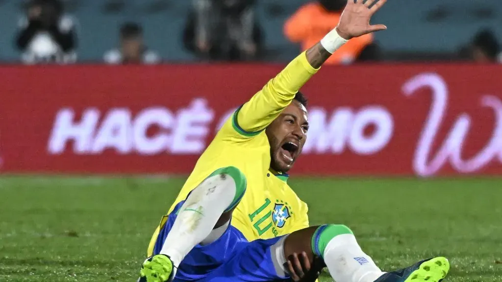 Neymar Jr. of Brazil reacts after being injured during the FIFA World Cup 2026 Qualifier match between Uruguay and Brazil at Centenario Stadium on October 17, 2023 in Montevideo, Uruguay.