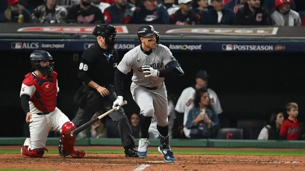 Aaron Judge #99 of the New York Yankees hits a single in the sixth inning against the Cleveland Guardians during Game Four of the American League Championship Series at Progressive Field on October 18, 2024 in Cleveland, Ohio. (Photo by Nick Cammett/Getty Images)