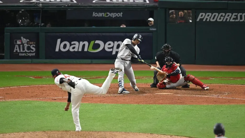 Juan Soto #22 of the New York Yankees swings at a pitch by Emmanuel Clase #48 of the Cleveland Guardians in the ninth inning during Game Four of the American League Championship Series at Progressive Field on October 18, 2024 in Cleveland, Ohio. (Photo by Nick Cammett/Getty Images)