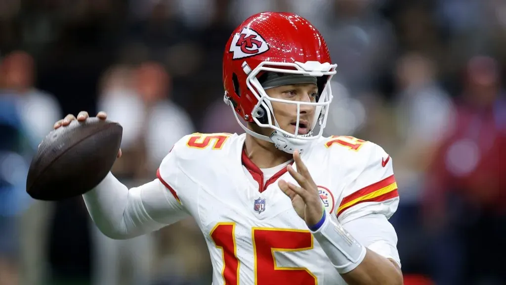 Patrick Mahomes #15 of the Kansas City Chiefs throws a pass against the New Orleans Saints during a preseason game at Caesars Superdome on August 13, 2023 in New Orleans, Louisiana.