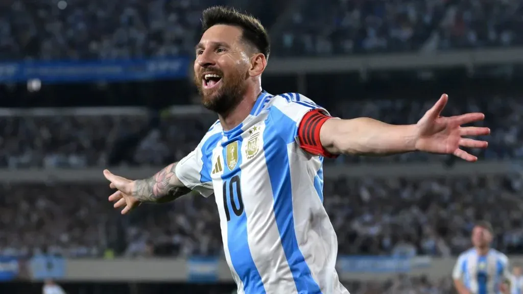 Lionel Messi of Argentina celebrates after scoring the first goal against Bolivia