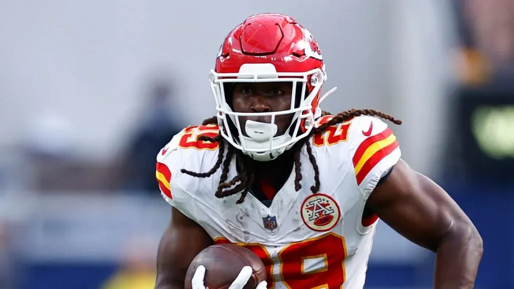 Kareem Hunt #29 of the Kansas City Chiefs runs the ball during the second half against the Los Angeles Chargers at SoFi Stadium on September 29, 2024 in Inglewood, California.