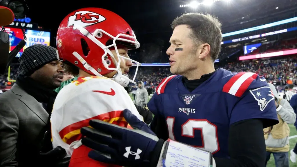 Patrick Mahomes and Tom Brady during the Patriots vs Chiefs match in 2019