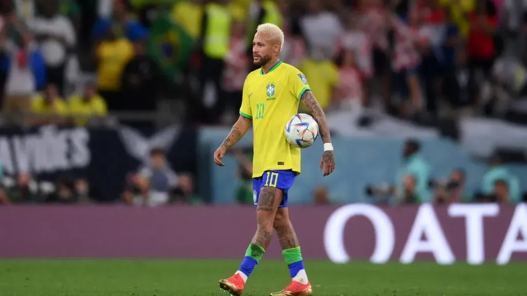 Neymar of Brazil reacts after Croatia’s first goal during the FIFA World Cup Qatar 2022 quarter final match between Croatia and Brazil at Education City Stadium on December 09, 2022 in Al Rayyan, Qatar. (Photo by Laurence Griffiths/Getty Images)