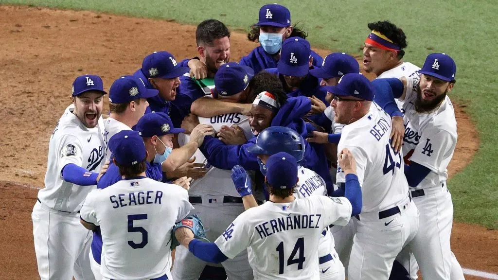 The Los Angeles Dodgers celebrate after defeating the Tampa Bay Rays 3-1 in Game Six to win the 2020 MLB World Series at Globe Life Field on October 27, 2020 in Arlington, Texas. (Photo by Sean M. Haffey/Getty Images)