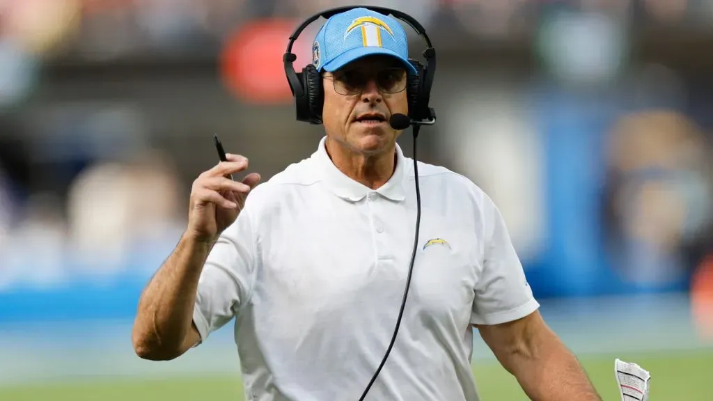 Head coach Jim Harbaugh of the Los Angeles Chargers reacts during the second half against the Kansas City Chiefs at SoFi Stadium on September 29, 2024. (Source: Kevork Djansezian/Getty Images)