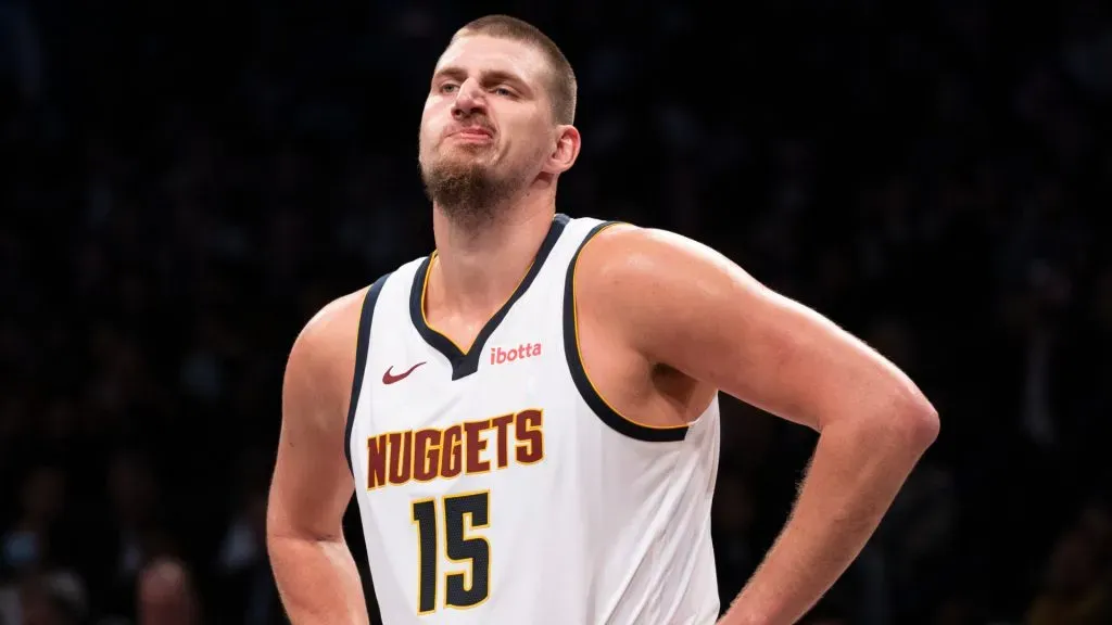 Nikola Jokic #15 of the Denver Nuggets reacts during the second quarter of game against the Brooklyn Nets. Michelle Farsi/Getty Images