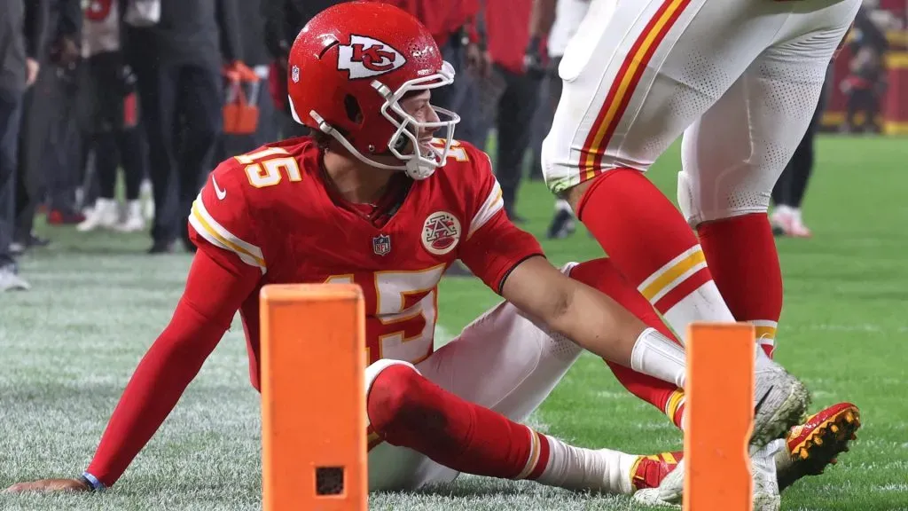 Patrick Mahomes of the Kansas City Chiefs reacts after an apparent injury against the Tampa Bay Buccaneers at Arrowhead Stadium on November 04, 2024 in Kansas City, Missouri.