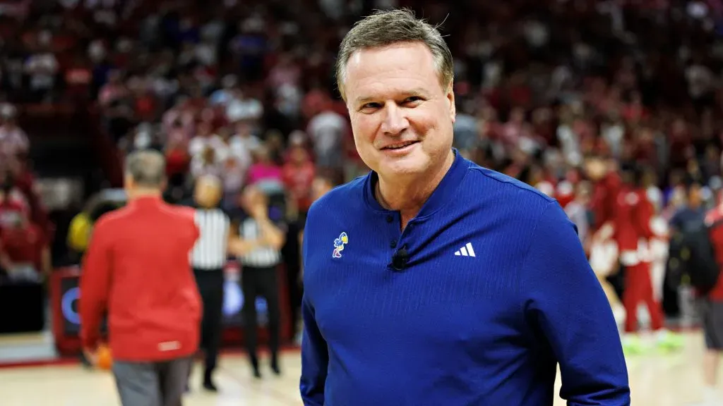 Head Coach Bill Self of the Kansas Jayhawks on the court before a game against the Arkansas Razorbacks at Bud Walton Arena on October 25, 2024. (Source: Wesley Hitt/Getty Images)