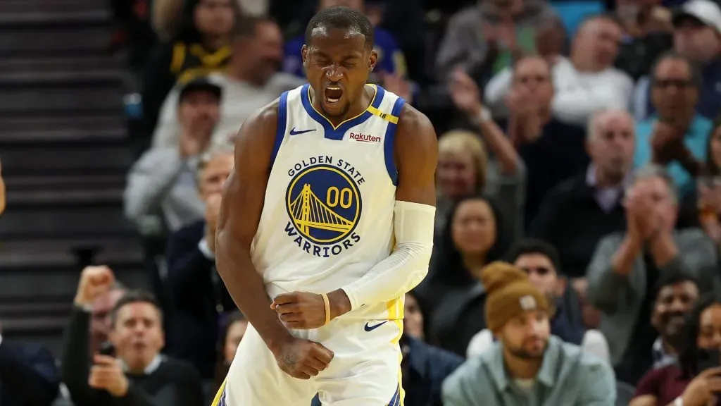 Jonathan Kuminga #00 of the Golden State Warriors reacts after making a basket and getting fouled by the Houston Rockets in the second half at Chase Center. (Ezra Shaw/Getty Images)