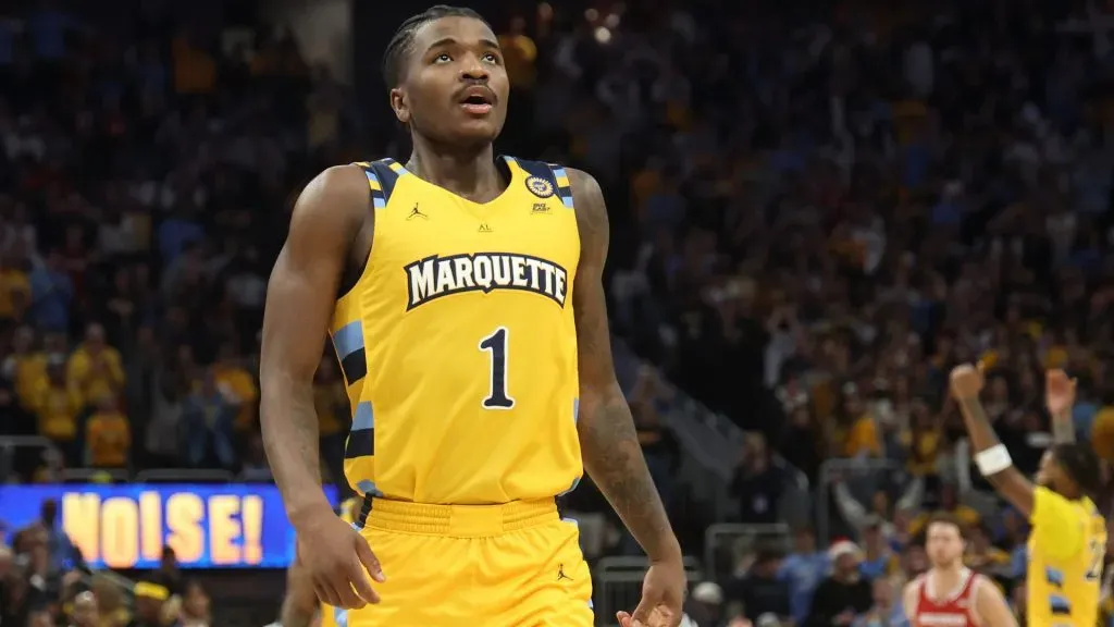 Kam Jones #1 of the Marquette Golden Eagles walks backcourt during a game against the Wisconsin Badgers at Fiserv Forum on December 07, 2024 in Milwaukee, Wisconsin. Marquette defeated Wisconsin 88-74.