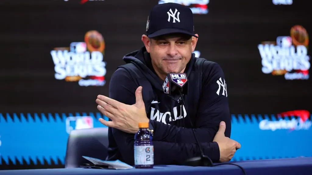 Manager Aaron Boone #17 of the New York Yankees talks to the media after the Los Angeles Dodgers defeated the New York Yankees 7-6 in game 5 to win the 2024 World Series at Yankee Stadium. (Photo by Alex Slitz/Getty Images)