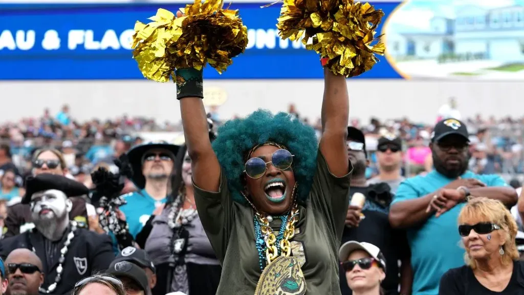 A Jacksonville Jaguars fan looks on during the game against the Las Vegas Raiders in 2022. (Source: Eric Espada/Getty Images)