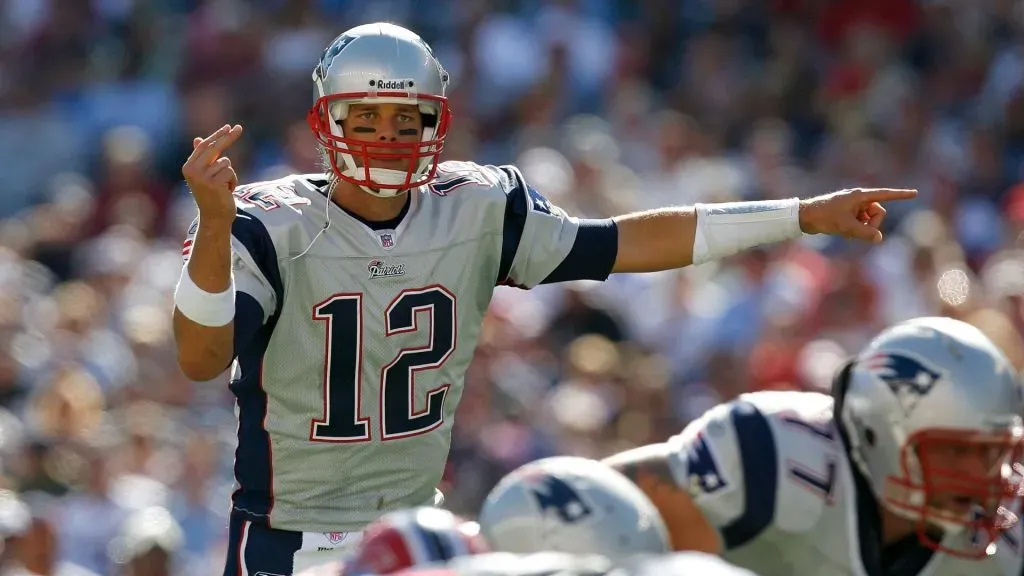 Quarterback Tom Brady #12 of the New England Patriots gestures during a game against the Buffalo Bills at Gillette Stadium on September 23, 2007. (Source: Jim Rogash/Getty Images)