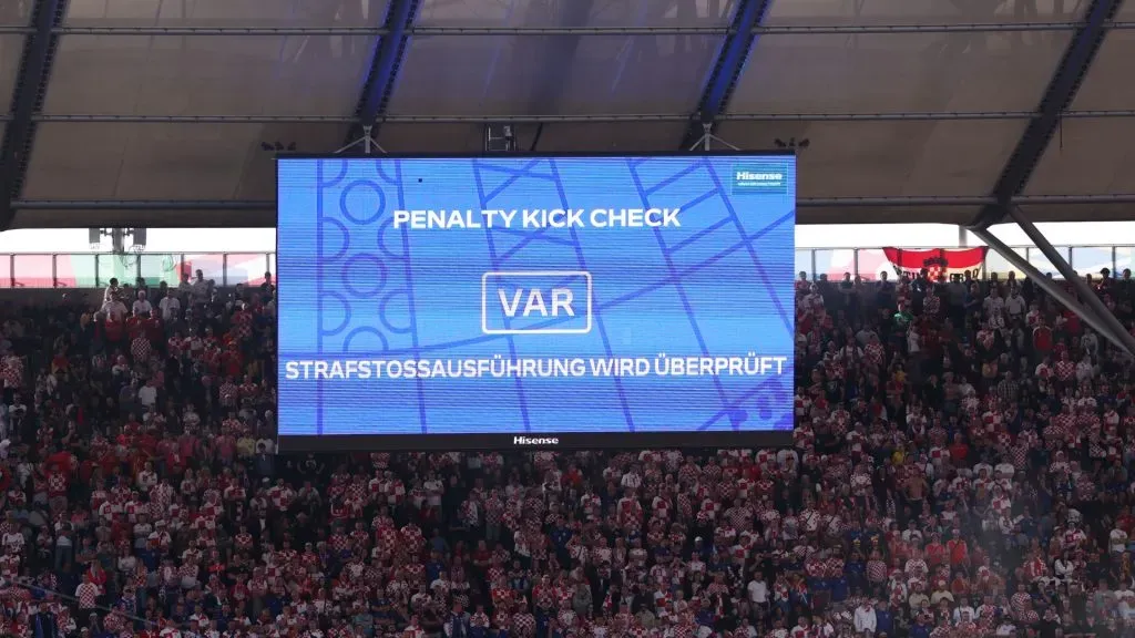 The LED board shows the “penalty kick check” message during the UEFA EURO 2024 group stage match between Spain and Croatia at Olympiastadion on June 15, 2024 in Berlin, Germany.