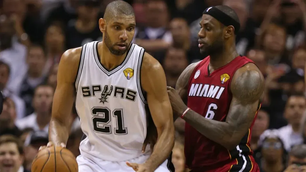 Tim Duncan #21 of the San Antonio Spurs posts up LeBron James #6 of the Miami Heat in the second half during Game Three of the 2013 NBA Finals. (Mike Ehrmann/Getty Images)