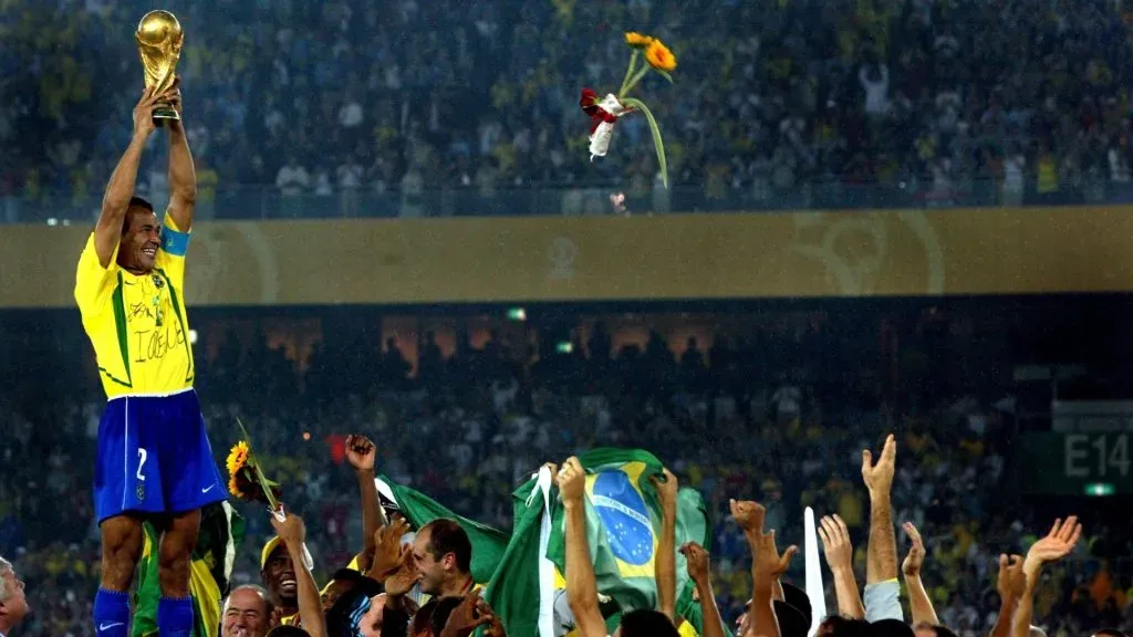 Cafu holds the World Cup trophy after Brazil’s victory over Germany in the 2002 World Cup final.