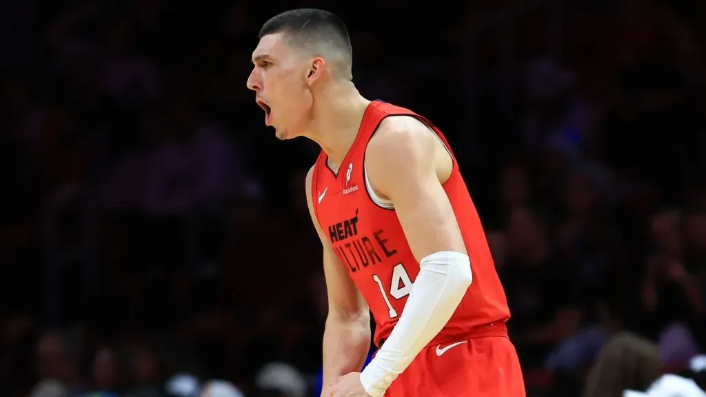 Tyler Herro #14 of the Miami Heat reacts during the third quarter of the game against the Cleveland Cavaliers.