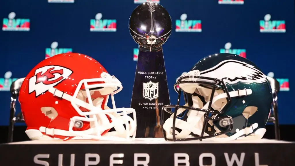 A view of the Vince Lombardi Trophy and the helmets of the Kansas City Chiefs and the Philadelphia Eagles before a press conference for NFL Commissioner Roger Goodell in 2023. (Source: Peter Casey/Getty Images)