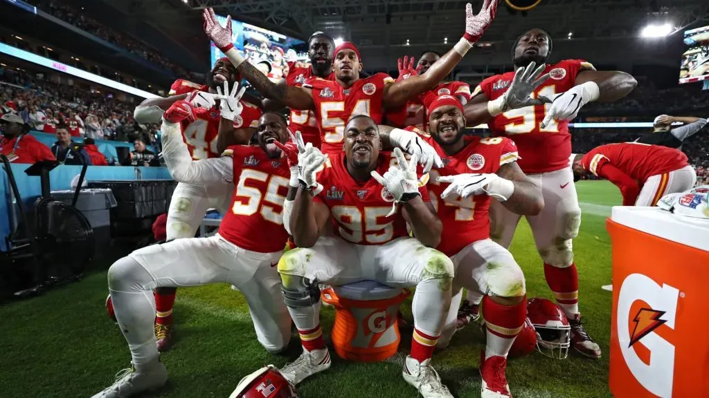The Kansas City Chiefs celebrate against the San Francisco 49ers in Super Bowl LIV at Hard Rock Stadium on February 02, 2020. (Source: Jamie Squire/Getty Images)