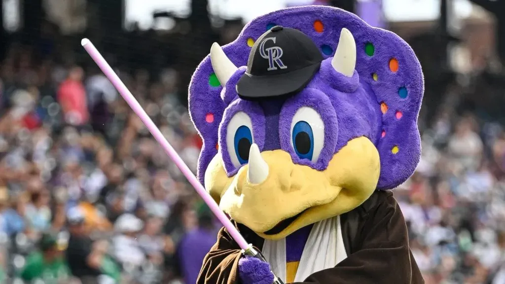 Colorado Rockies mascot Dinger performs in a Star Wars-themed robe on Star Wars Night before a game between the Colorado Rockies and the Oakland Athletics in 2023. (Source: Dustin Bradford/Getty Images)