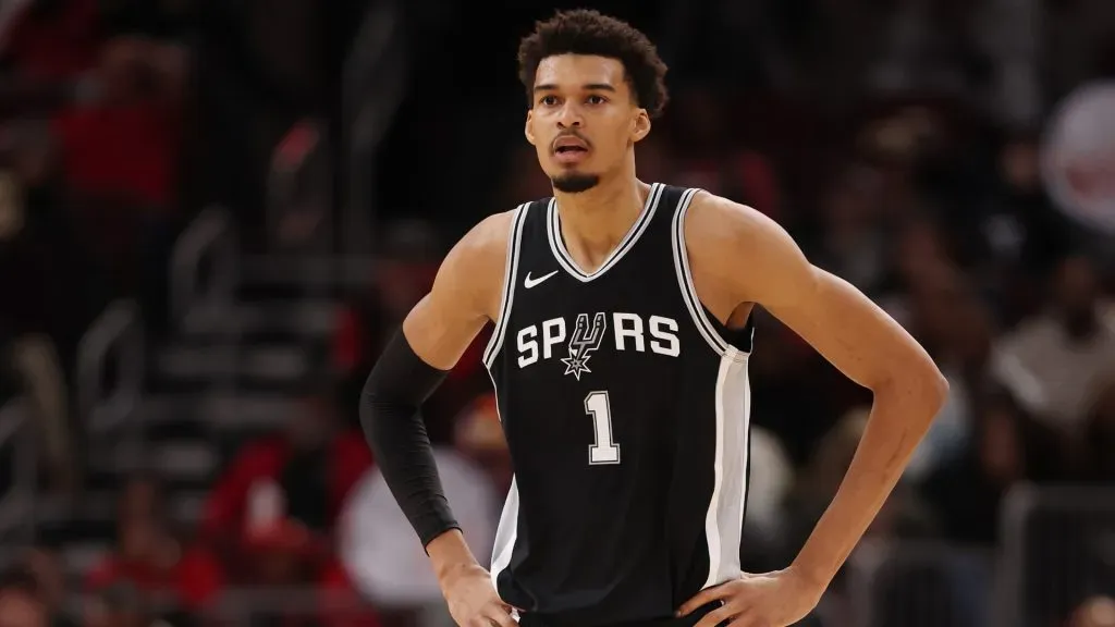Victor Wembanyama #1 of the San Antonio Spurs reacts against the Chicago Bulls.