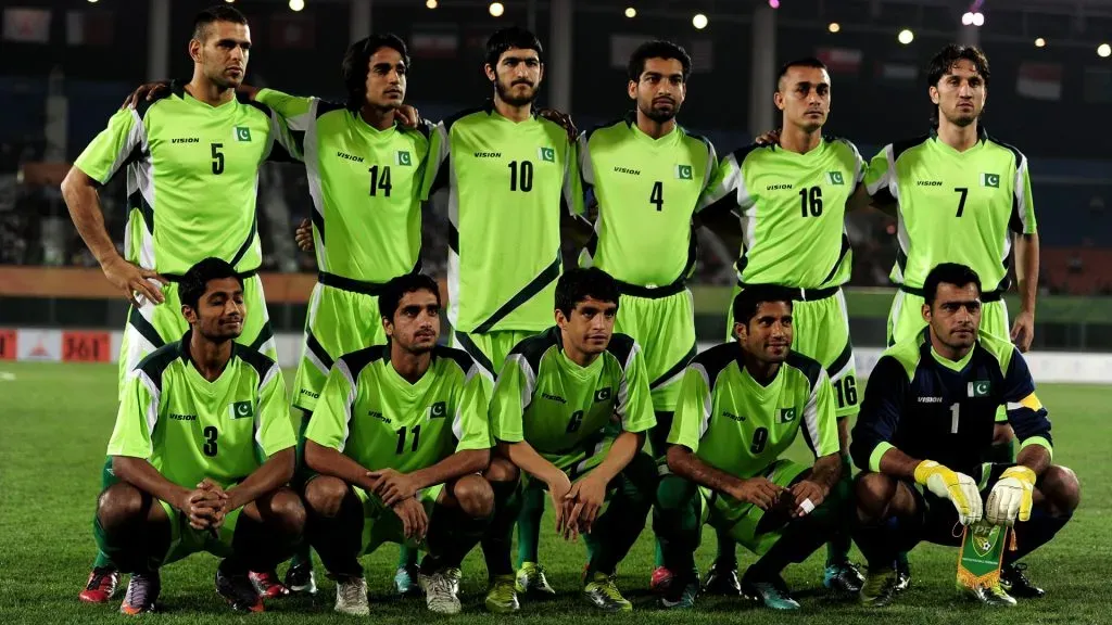 The Pakistan team line up prior to the Men’s Football group F first round match between Maldives and Pakistan. (Jamie McDonald/Getty Images)