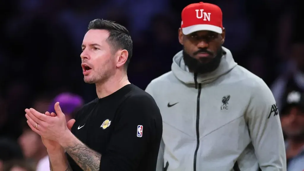 Head coach JJ Redick and LeBron James #23 of the Los Angeles Lakers looks on during the third quarter of a game against the Indiana Pacers at Crypto.com Arena on February 08, 2025 in Los Angeles, California. (Photo by Harry How/Getty Images)