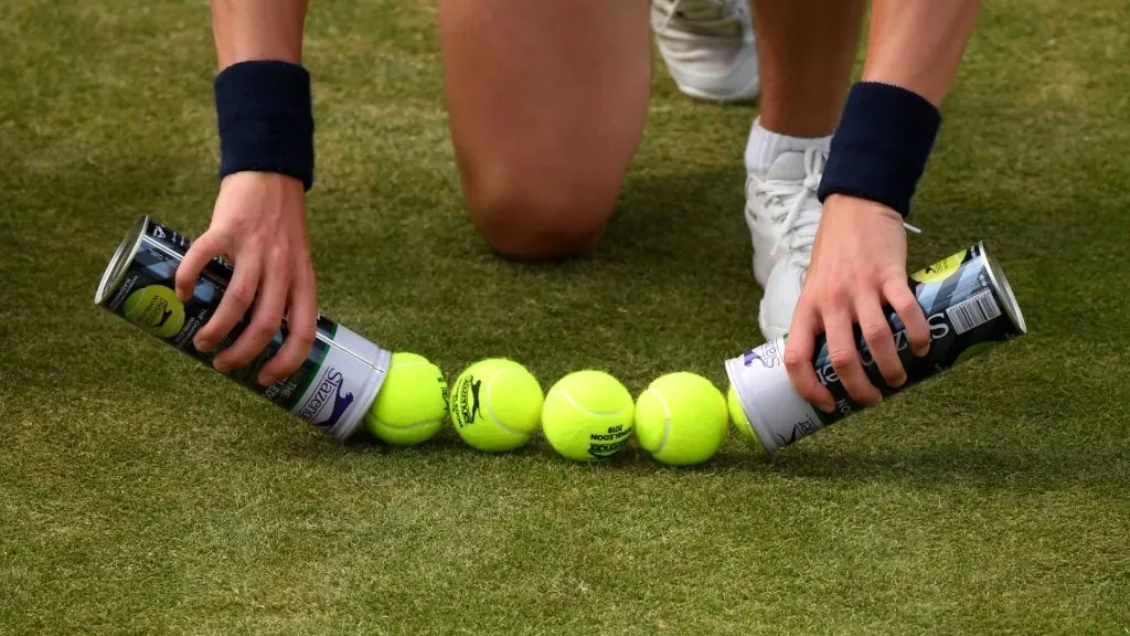 A detailed view as a ball kid lays out tennis balls during a ball change during Day five of The Championships – Wimbledon 2019. (Source: Matthias Hangst/Getty Images)