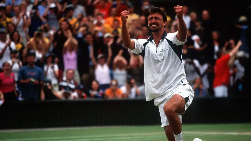 Goran Ivanisevic of Croatia celebrates in tears after winning against Pat Rafter of Australia in the Men’s Final’s of The All England Lawn Tennis Championship in 2001. (Source: Gary M. Prior/ALLSPORT)
