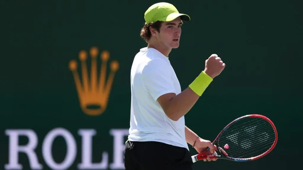 Joao Fonseca of Brazil celebrates a point against Jacob Fearnley of Great Britain in their first round match during the BNP Paribas Open at Indian Wells Tennis Garden. (Clive Brunskill/Getty Images)