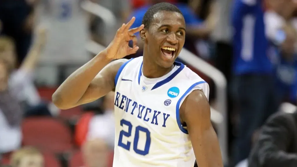 Doron Lamb of the Kentucky Wildcats reacts after he made a 3-point shot in the first half against the Western Kentucky Hilltoppers during the second round of the 2012 NCAA Men’s Basketball Tournament. (Source: Andy Lyons/Getty Images)