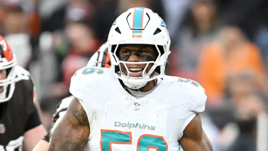 Quinton Bell #56 of the Miami Dolphins reacts during the first quarter against the Cleveland Browns st at Huntington Bank Field on December 29, 2024 in Cleveland, Ohio.