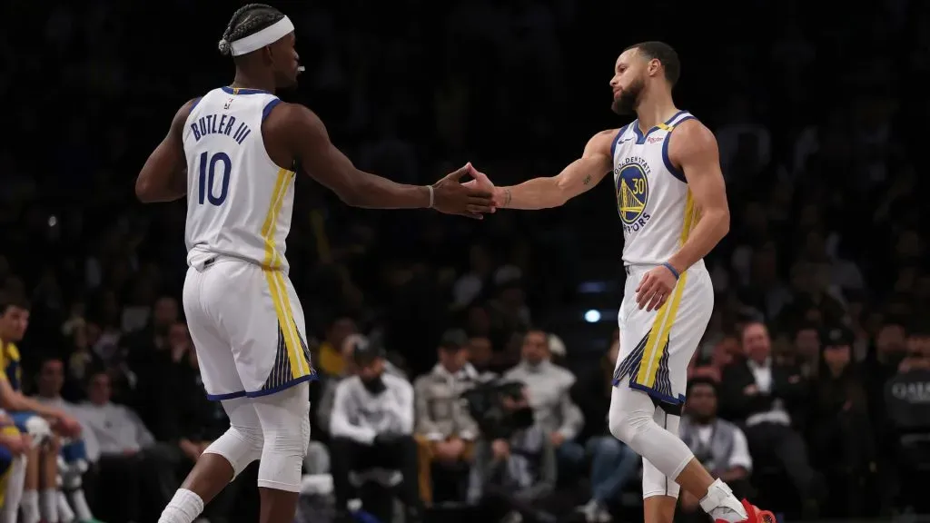 Jimmy Butler III #10 enters the game for Stephen Curry #30  in the second half of the game between Golden State Warriors and Brooklyn Nets. (Elsa/Getty Images)