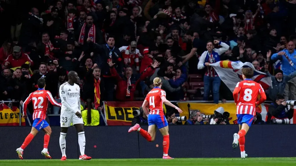 Conor Gallagher celebrates scoring his team’s first goal with teammates during the UEFA Champions League 2024/25 match between Atletico de Madrid and Real Madrid. (Angel Martinez/Getty Images)