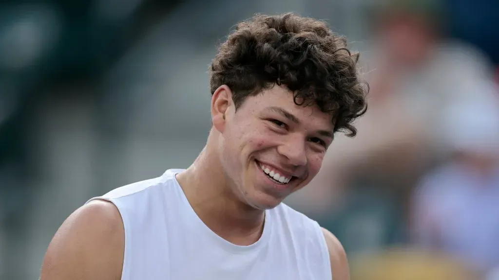Ben Shelton of the United States reacts during a straight set win over Karen Khachanov of Russia at Indian Wells Tennis Garden on March 10, 2025 in Indian Wells, California.